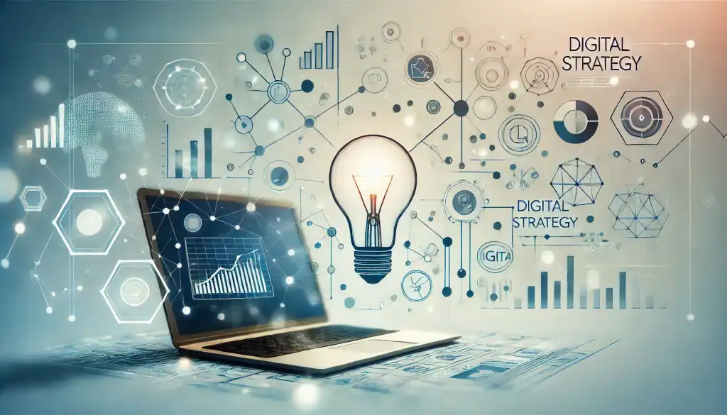 Laptop with digital strategy graphics and lightbulb