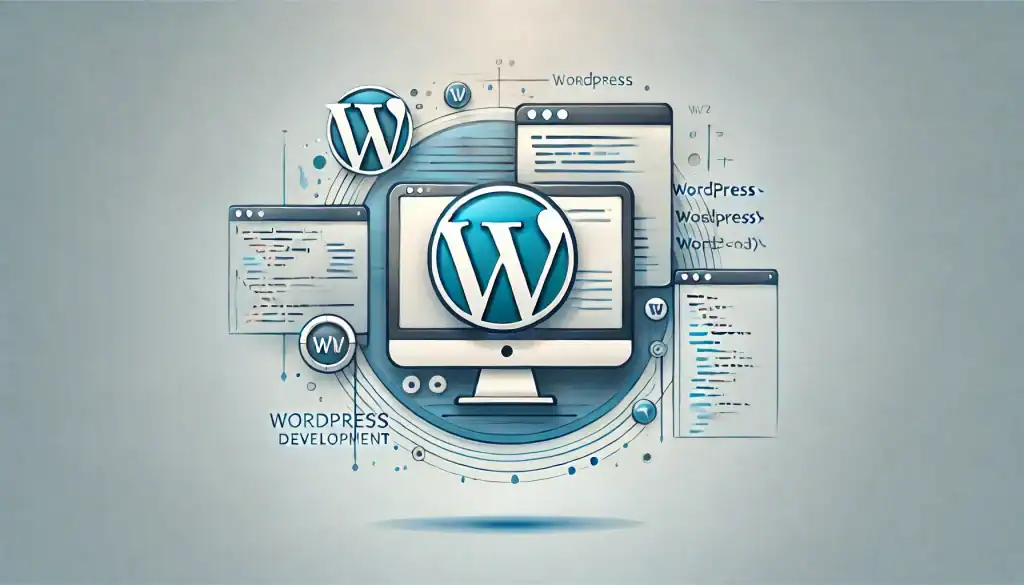 WordPress development graphic with screens and logos