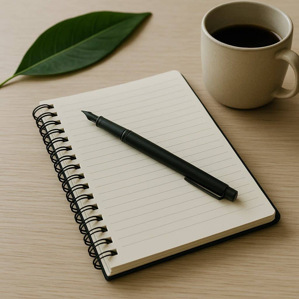 Notebook and pen on desk with coffee.