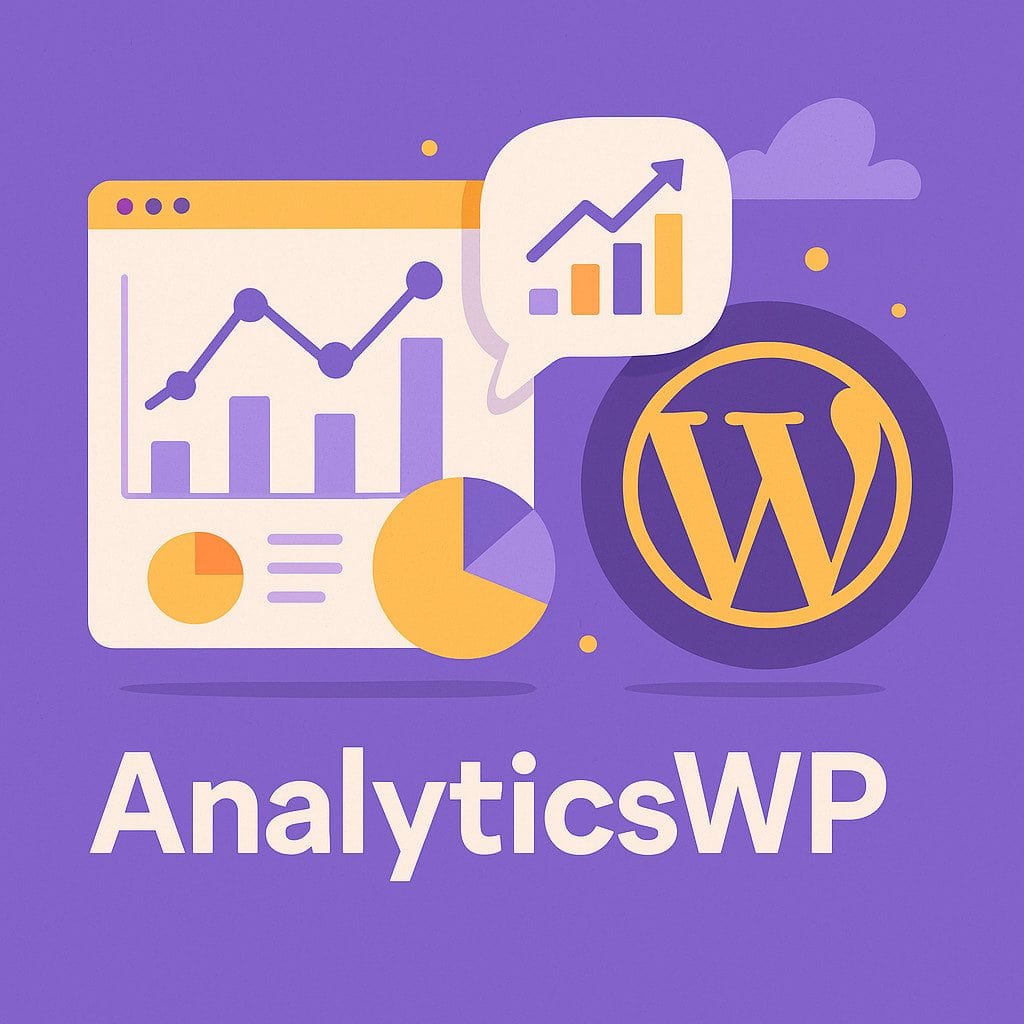 Analytics dashboard with WordPress logo and graphs.