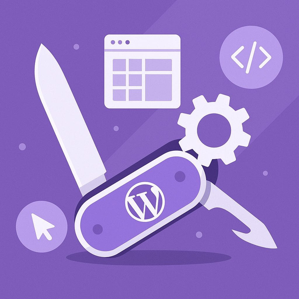 Graphics of WordPress tools and symbols.