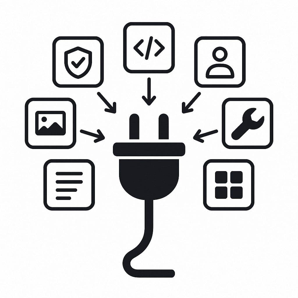 Plugin with various digital icons and arrows