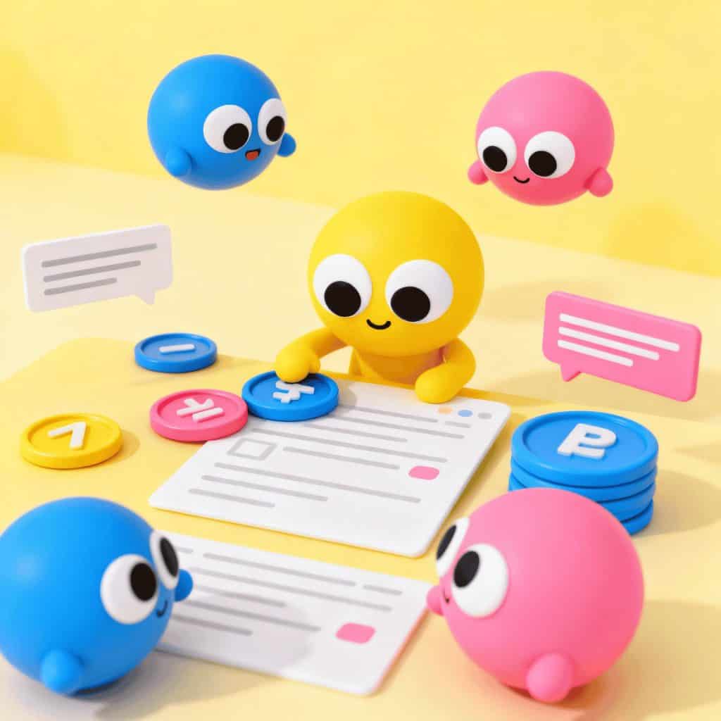 Colorful blobs interacting with digital tokens