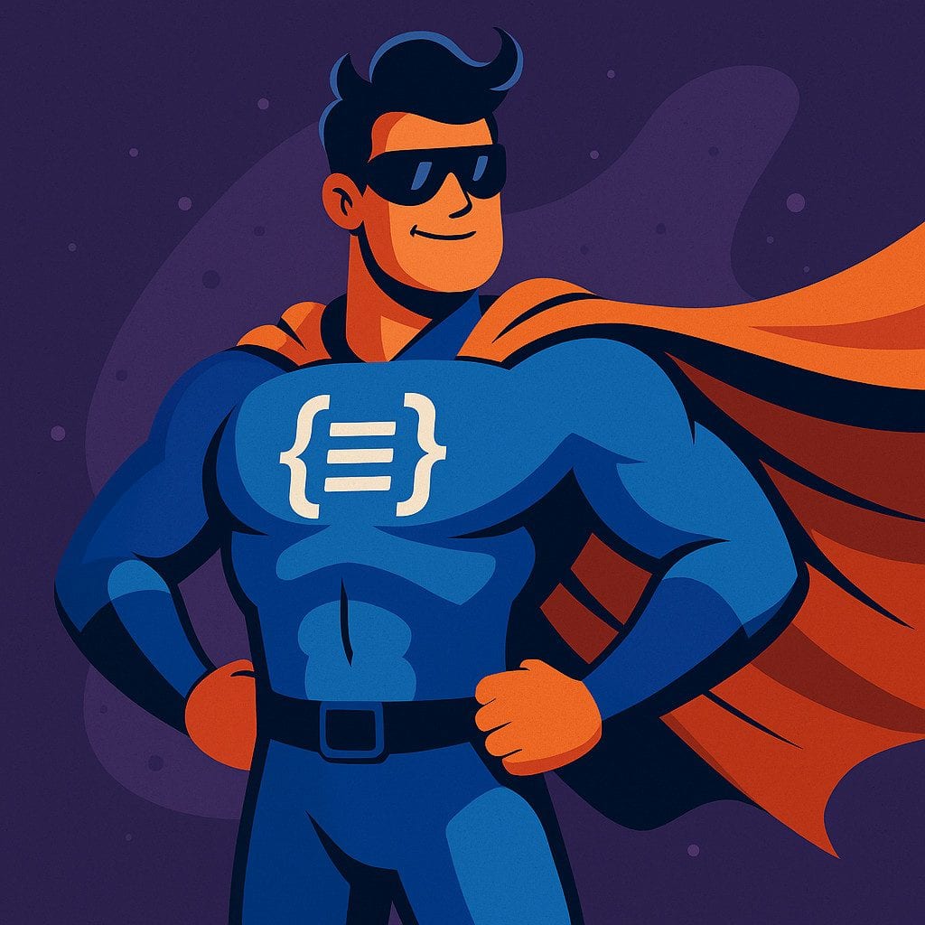 Cartoon superhero with orange cape and sunglasses.