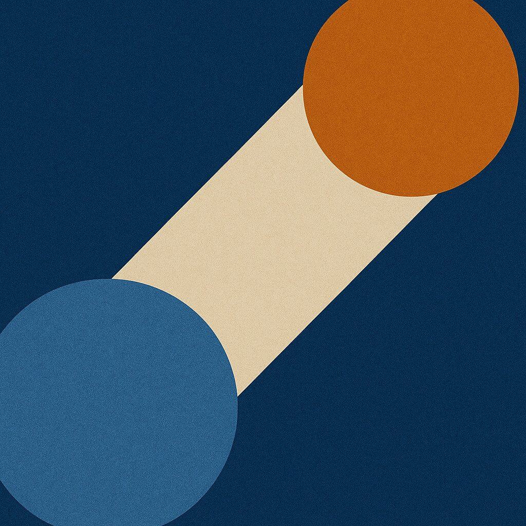 Abstract geometric design with blue and orange circles.