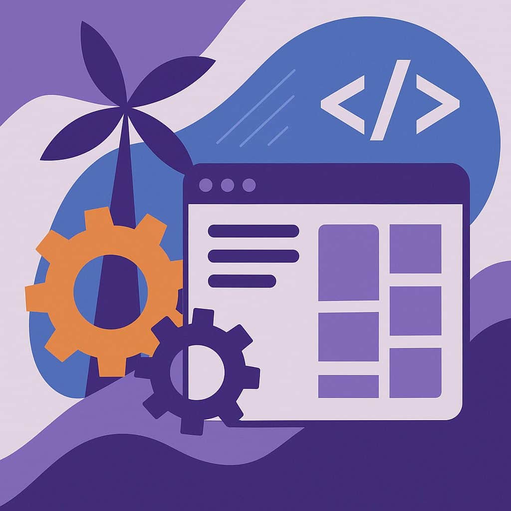 Web development concept with gears and code symbols