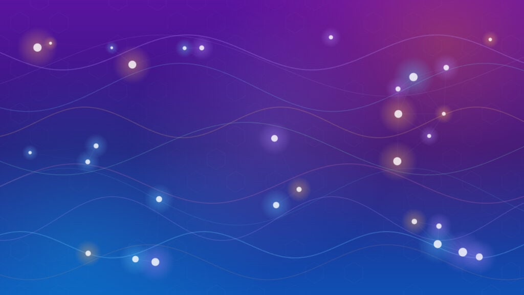 Abstract visualization of AI collaboration with flowing data streams and connected nodes on a purple-blue gradient